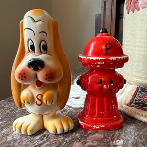 Vintage dog and fire hydrant salt and pepper shakers